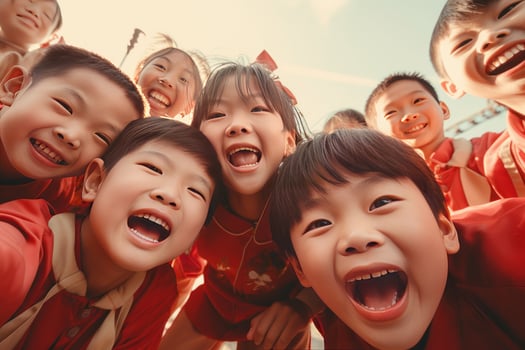 AI generated Happy Asian Kids Celebrating Chinese New Year Outdoors photo
