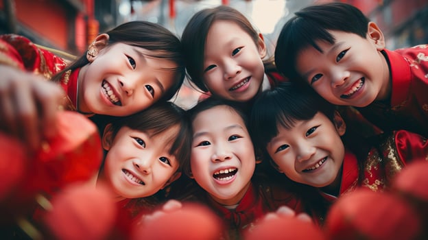 AI generated Happy Asian Kids Celebrating Chinese New Year Outdoors photo