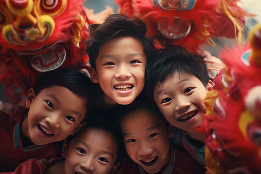 AI generated Happy Asian Kids Celebrating Chinese New Year Outdoors photo