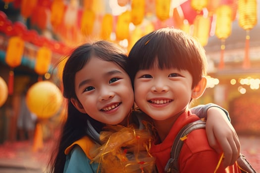 AI generated Happy Asian Kids Celebrating Chinese New Year Outdoors photo