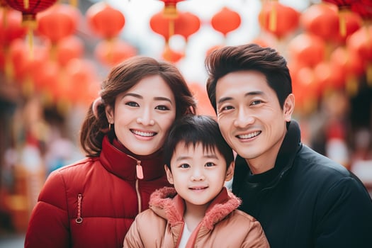 AI generated Happy Asian Family Celebrating Chinese New Year Outdoors photo
