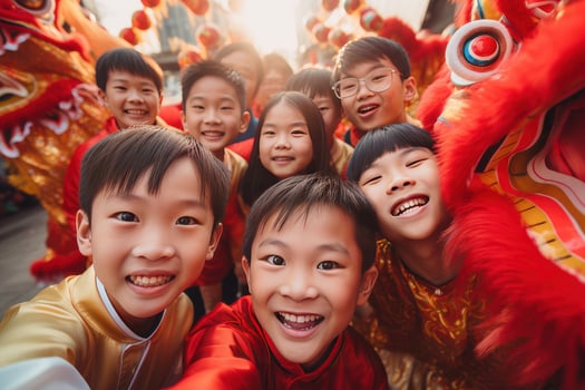 AI generated Happy Asian Kids Celebrating Chinese New Year Outdoors photo