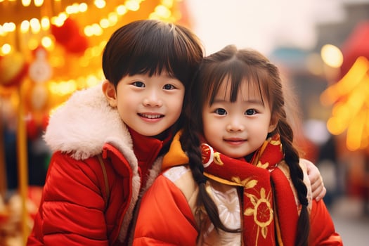 AI generated Happy Asian Kids Celebrating Chinese New Year Outdoors photo