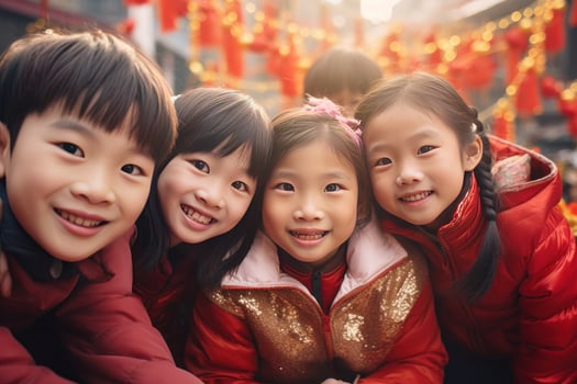 AI generated Happy Asian Kids Celebrating Chinese New Year Outdoors photo