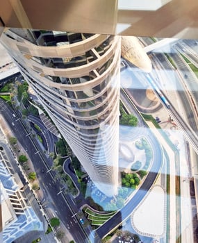 Concept shot of the city street trough the glass floor of the skyscraper. City photo
