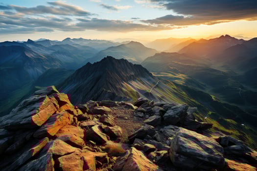 AI generated Rising sun over rugged peaks a spectacular mountain summit view, beautiful sunrise image photo