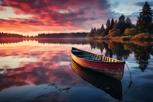 AI generated Reflection peaceful lake and rowboat at sunrise, sunrise and sunset wallpaper photo