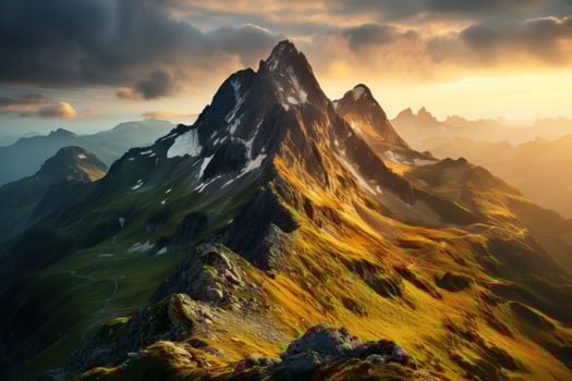 AI generated Mountain glow sunbeams piercing clouds at golden hour, sunrise and sunset wallpaper photo