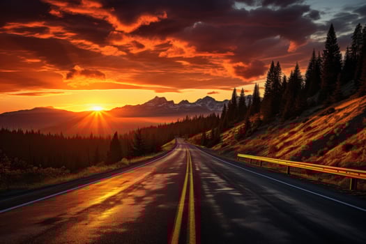 AI generated Sunset serenade open road amidst dusky horizon, sunrise and sunset wallpaper photo