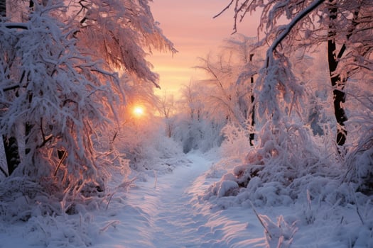AI generated Snowy sunrise forest awakens to dawn first light, sunrise and sunset wallpaper photo