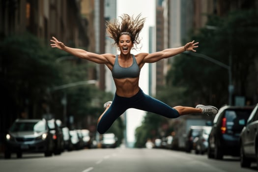 AI generated Beautiful sporty woman jumping in the city streets. Fitness and healthy lifestyle, A fitness girl jumping on the street with arms stretched out, displaying detailed muscles, AI Generated photo