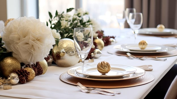AI generated Christmas table decor, holiday tablescape and dinner table setting, formal event decoration for New Year, family celebration, English country and home styling photo