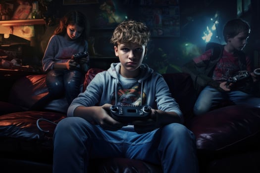 AI generated Young boy playing video game with his friends in a dark room, A boy playing video games with friends at home, AI Generated photo