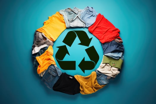 AI generated Circle made of clothes on blue background. Recycling concept, A colorful circle of clothes with a logo symbolizing recycling, zero waste, and reuse concept, AI Generated photo