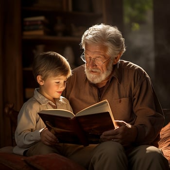 AI generated Grandfather reading a book to his little grandson. amily relationships photo