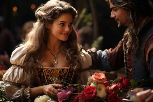 AI generated Historical charm as couple swaps flowers at the renaissance fair, engagement, wedding and anniversary image photo