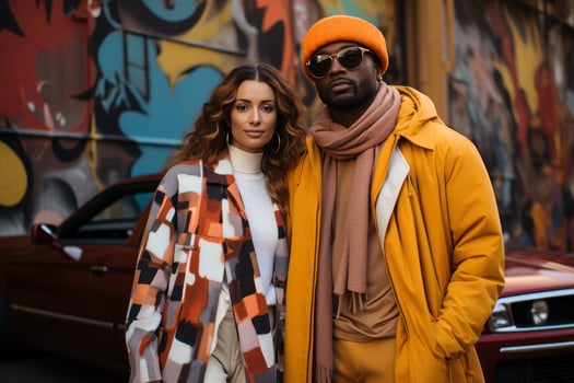 AI generated Stylish couple poses against a mural of urban expression, valentine, dating and love proposal image photo