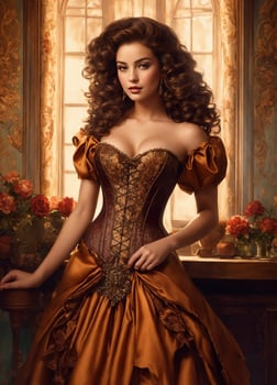 AI generated Attractive brown-haired woman in a corset in a retro room photo