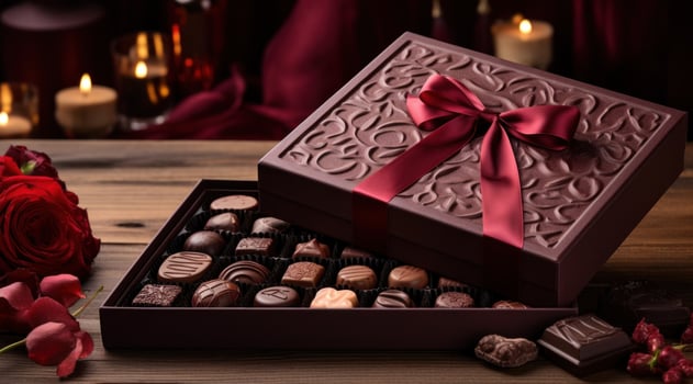 AI generated a box filled with chocolates and a ribbon photo