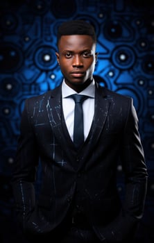 AI generated businessman from port harcourt, nigeria, standing in black suit and blue tie, photo