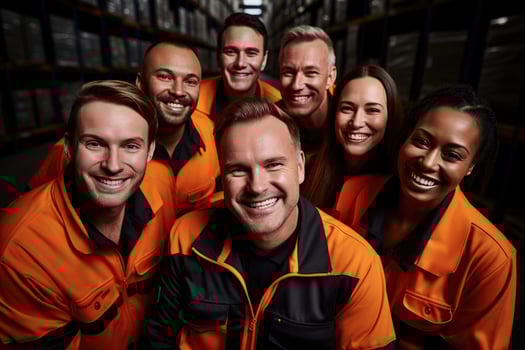 AI generated team of warehouse workers smiling photo