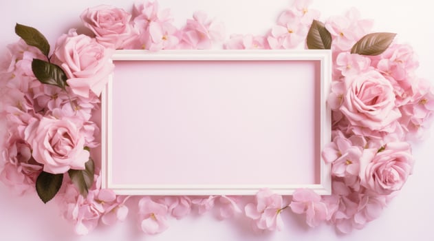 AI generated the frame surrounded by pink rose petals and some blank space photo