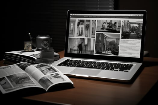 AI generated Laptop with news website on screen. Black and white image, A laptop and newspapers on a black and white background create a business still life, AI Generated photo
