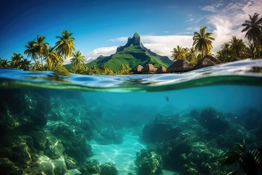 AI generated Tropical island with sand and palm trees underwater at sunset, Bora Bora underwater, AI Generated photo