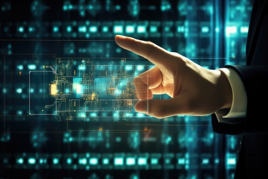 AI generated Close up of businessman hand touching icon of media screen. Mixed media, Businessmen's hand selecting the Data Privacy icon on the virtual display, AI Generated photo
