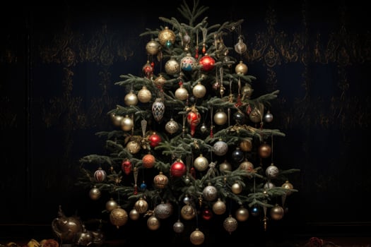 AI generated Christmas tree with baubles and ornaments on a dark background, Christmas tree with decorations, AI Generated photo