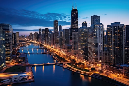 AI generated Chicago downtown skyline at dusk, Illinois, United States of America, Chicago skyline aerial drone view from above, AI Generated photo