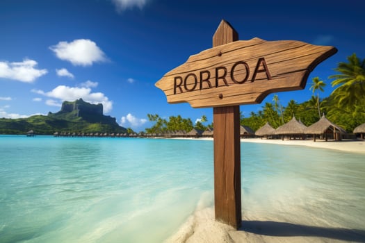 AI generated Wooden signpost on tropical beach, concept of travel and vacation, Bora Bora wooden sign with a beach background, AI Generated photo