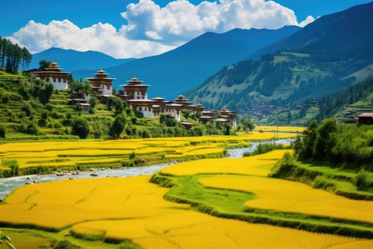 AI generated Paddy field in Sapa, Lao Cai, Vietnam, Bhutan, Tashichho Dzong in Thimphu, Surrounded by yellow rice fields, a river, and mountains, AI Generated photo