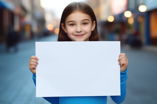 AI generated Cute little girl holding blank white sheet of paper in her hands photo