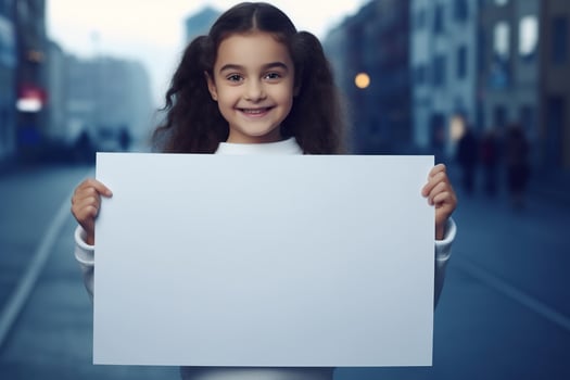 AI generated Cute little girl holding blank white sheet of paper in her hands photo