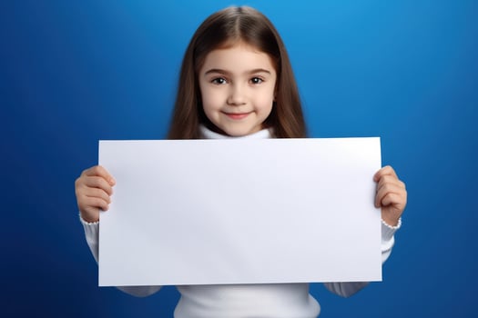 AI generated Cute little girl holding blank white sheet of paper in her hands photo