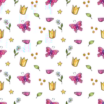 Seamless abstract pattern with crowns, butterflies, flowers and stars. Creative childish pattern. Great for fabric, textile Illustration photo