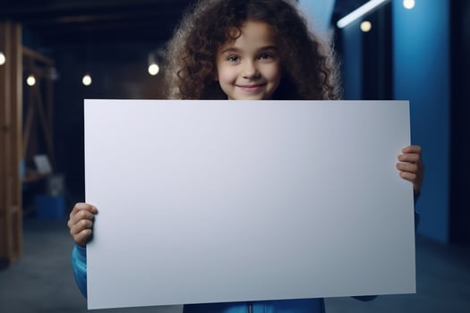 AI generated Cute little girl holding blank white sheet of paper in her hands photo