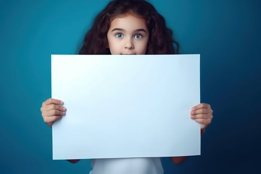 AI generated Cute little girl holding blank white sheet of paper in her hands photo