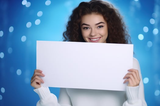 AI generated Cute little girl holding blank white sheet of paper in her hands photo