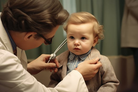 AI generated Doctor examining little baby boy with stethoscope. Focus on child, Closeup of a baby boy having a medical checkup, AI Generated photo