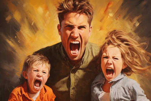 AI generated angry father, angry son and daughter, Angry screaming child with desperate parents, AI Generated photo