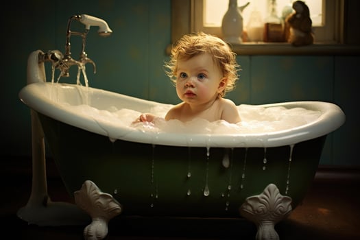 AI generated Cute little baby boy bathing in a bathtub at home. Happy childhood, Baby in Bath, AI Generated photo