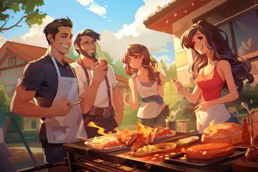 AI generated Group of friends having barbecue party in the street. Conceptual illustration, Barbecue cooking friends enjoying the food and company, AI Generated photo