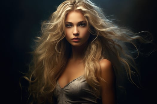 AI generated Portrait of a beautiful blonde woman with long wavy hair, Beautiful girl with long blonde hair on dark background, AI Generated photo