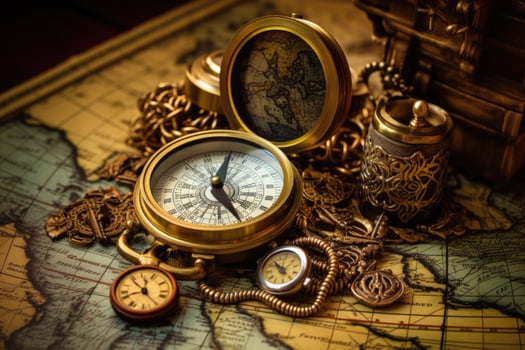 AI generated compass and map on old world map, An old compass, telescope, and coins on an antique world map, AI Generated photo