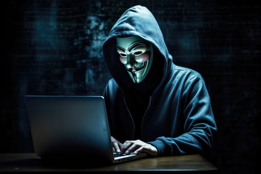 AI generated hacker in a hoodie with a laptop on the background of the city, Anonymous hacker, Concept of cybercrime, AI Generated photo