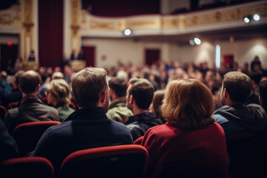 AI generated Speaker at Business Conference and Presentation. Audience in the conference hall. Business and Entrepreneurship, Back view of audience in the conference hall, AI Generated photo