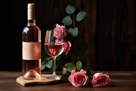 AI generated Wine bottle and glasses with rose flowers on wooden table. Copy space, Bottle and glass of rose wine, on a wooden table, AI Generated photo
