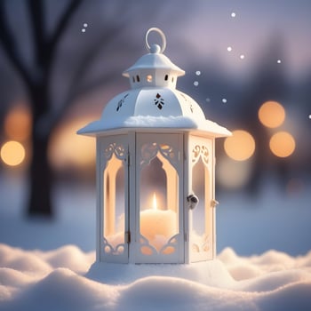 AI generated White christmas lantern on snow, outside lit by the setting sun. ai generative photo
